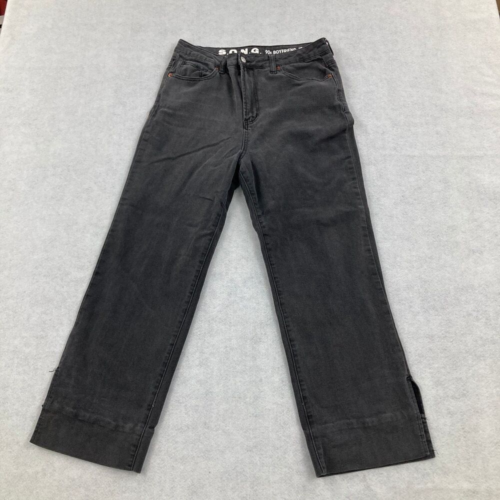S.O.N.G. Women's 90s Boyfriend Jeans Size 11/30 Washed Black High Rise Split Hem